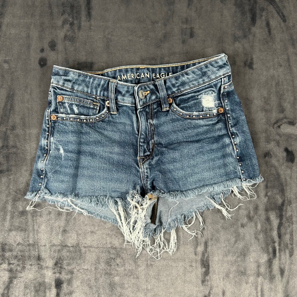 American Eagle Perfect Shortie Shorts Womens 00 Blue Studded Distressed Denim
